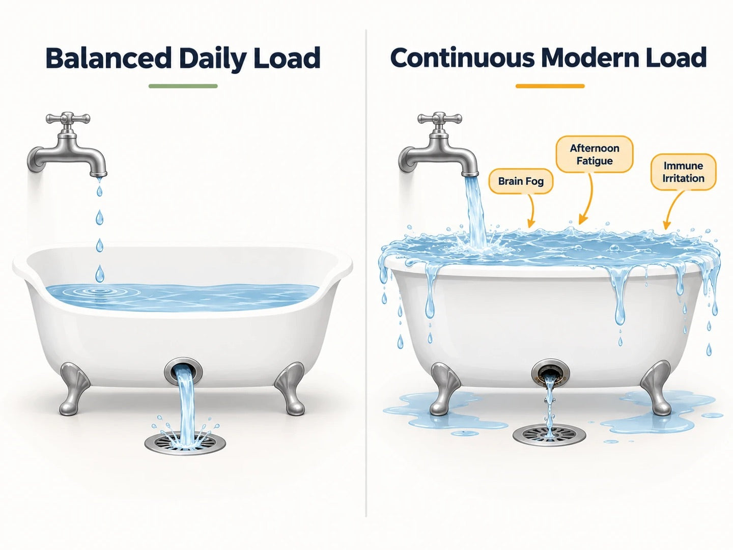 Infographic: a balanced bathtub draining freely next to an overflowing one labeled brain fog, afternoon fatigue, and immune irritation