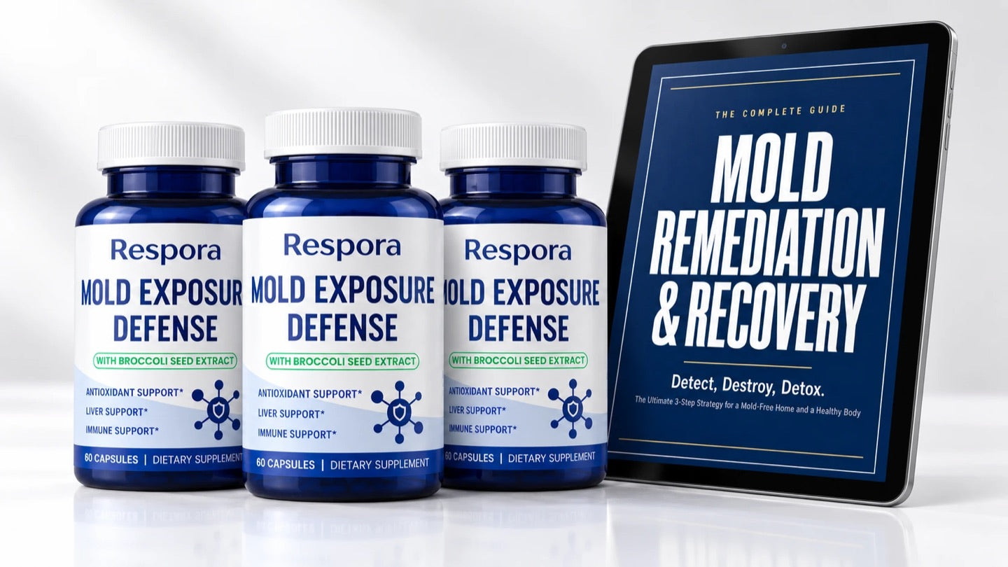 Three bottles of Respora next to a tablet showing the Mold Remediation and Recovery guide