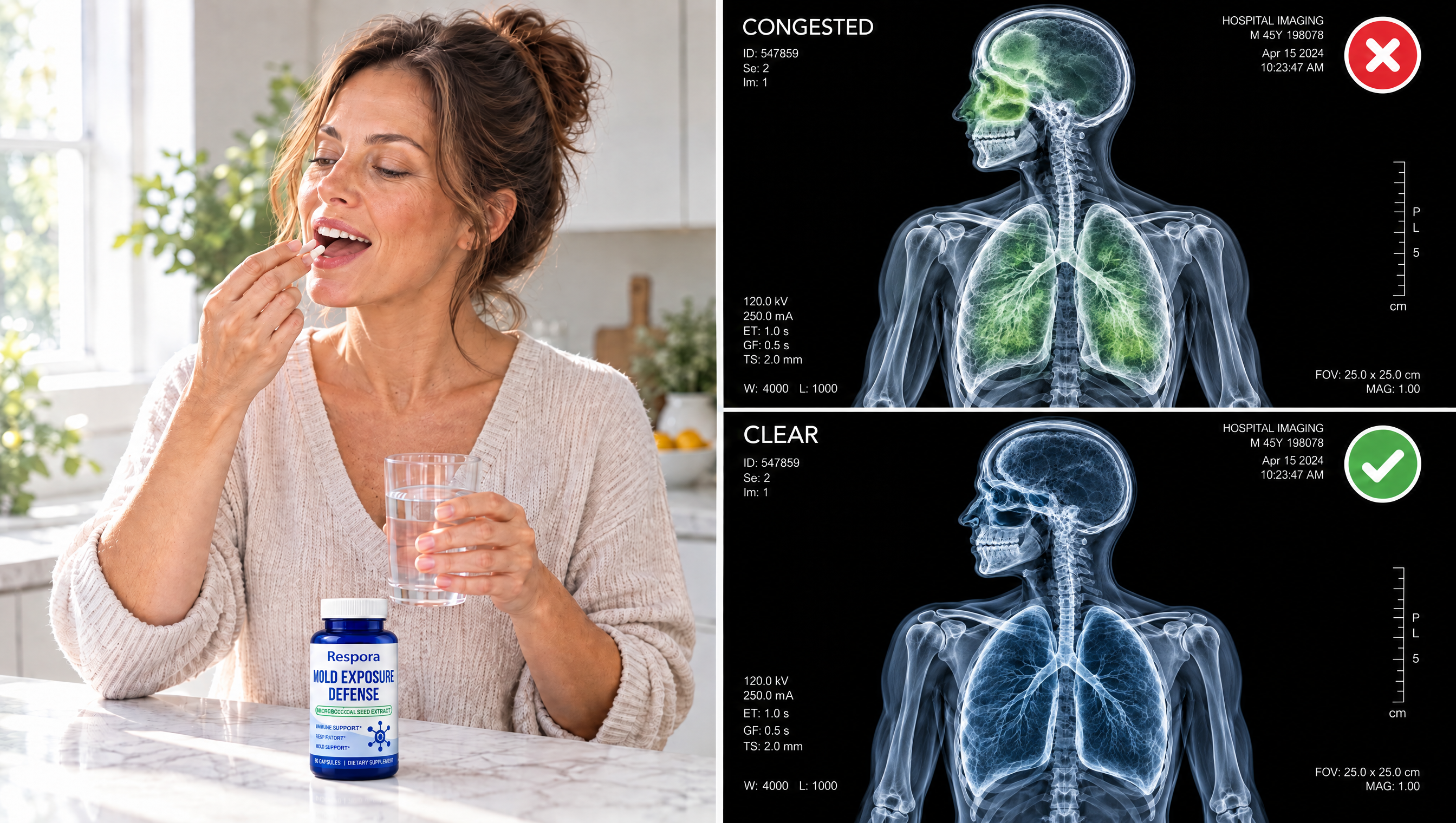 A woman taking capsules with water beside medical-style illustrations labeled Congested and Clear