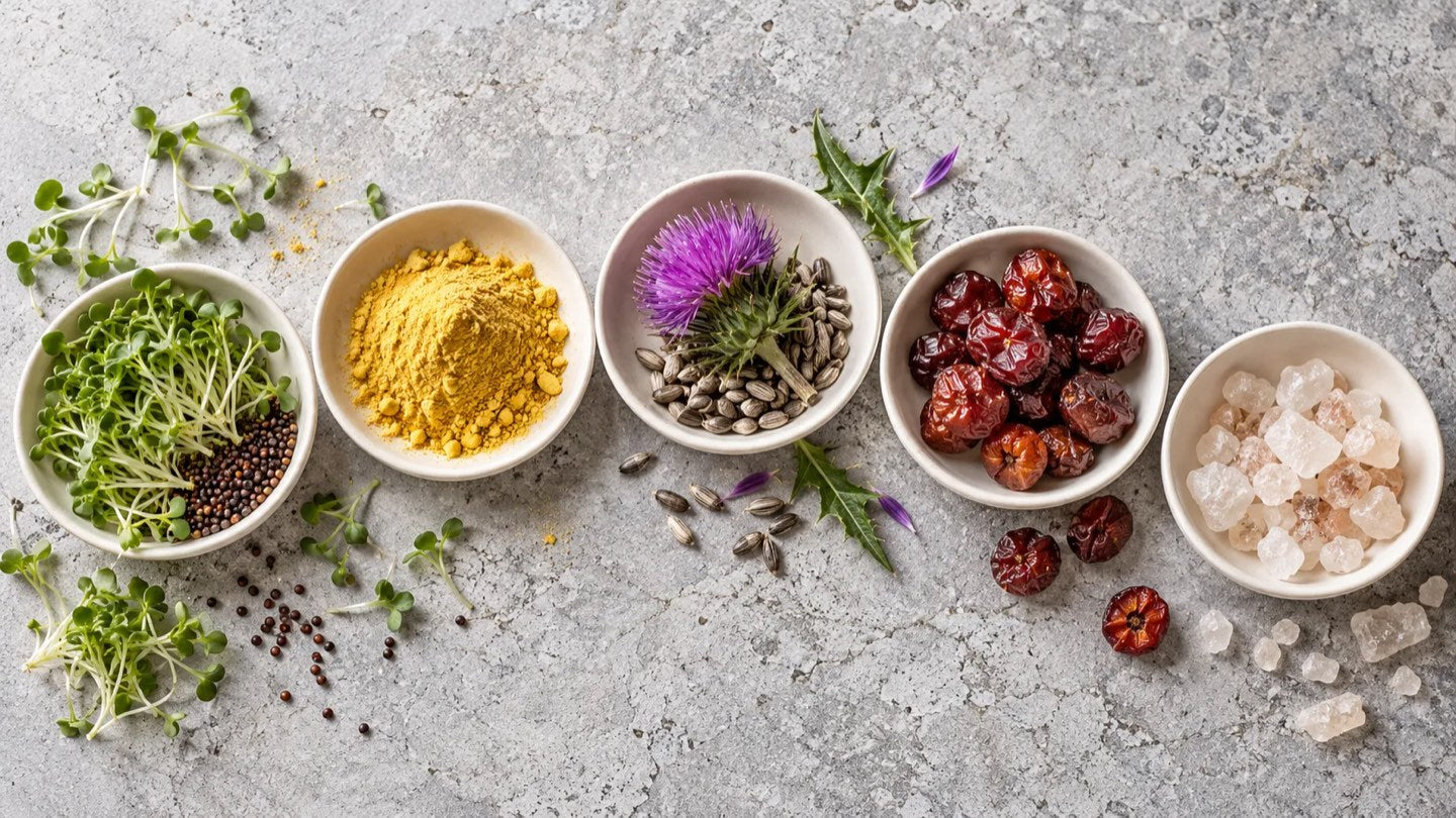 Broccoli sprouts and seeds, quercetin powder, milk thistle, acerola cherries, and mineral crystals in ceramic dishes