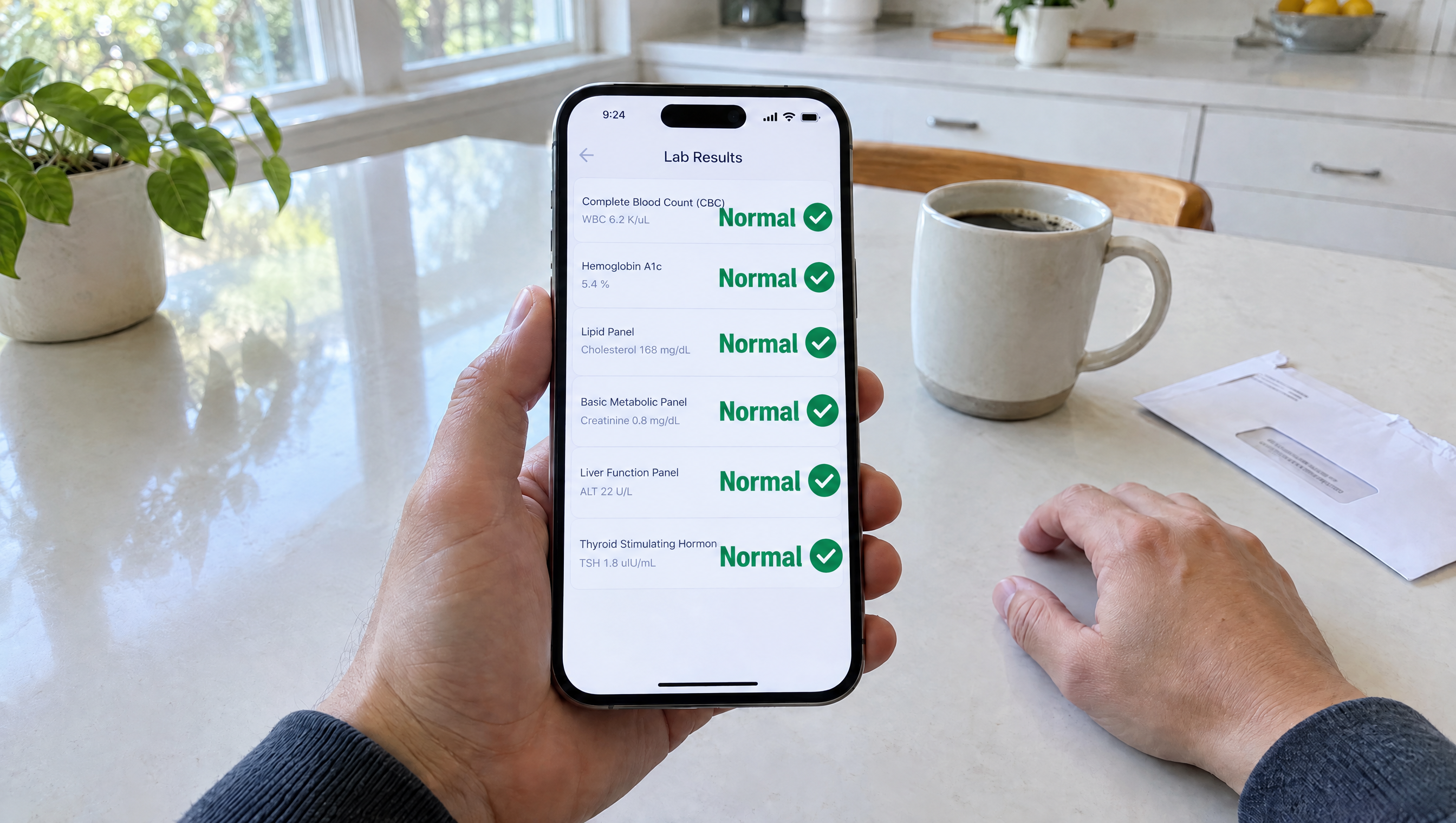 A phone displaying lab results marked normal on a bright kitchen counter