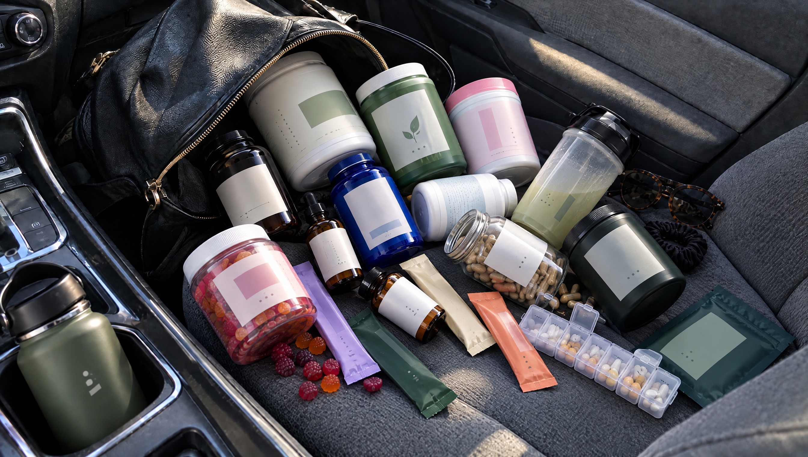 Numerous supplement bottles, packets and a pill organizer crowding a car seat beside an open bag